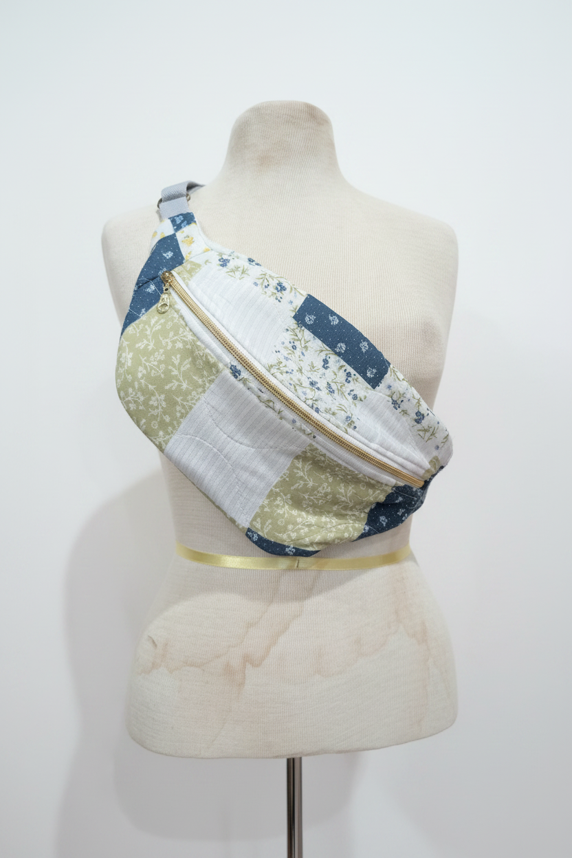 Blue and cream patchwork crossbody on dress form - studio