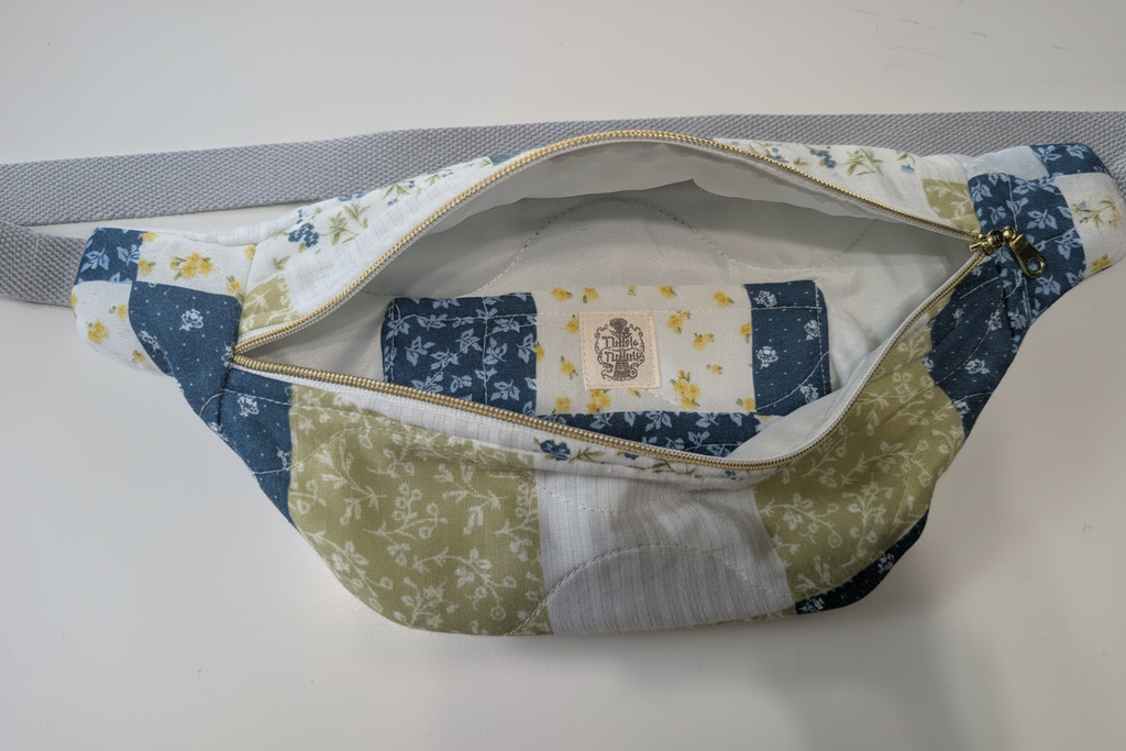 Blue and sage patchwork bag interior - clean background