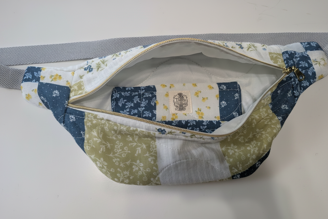 Blue and sage patchwork bag interior - clean background