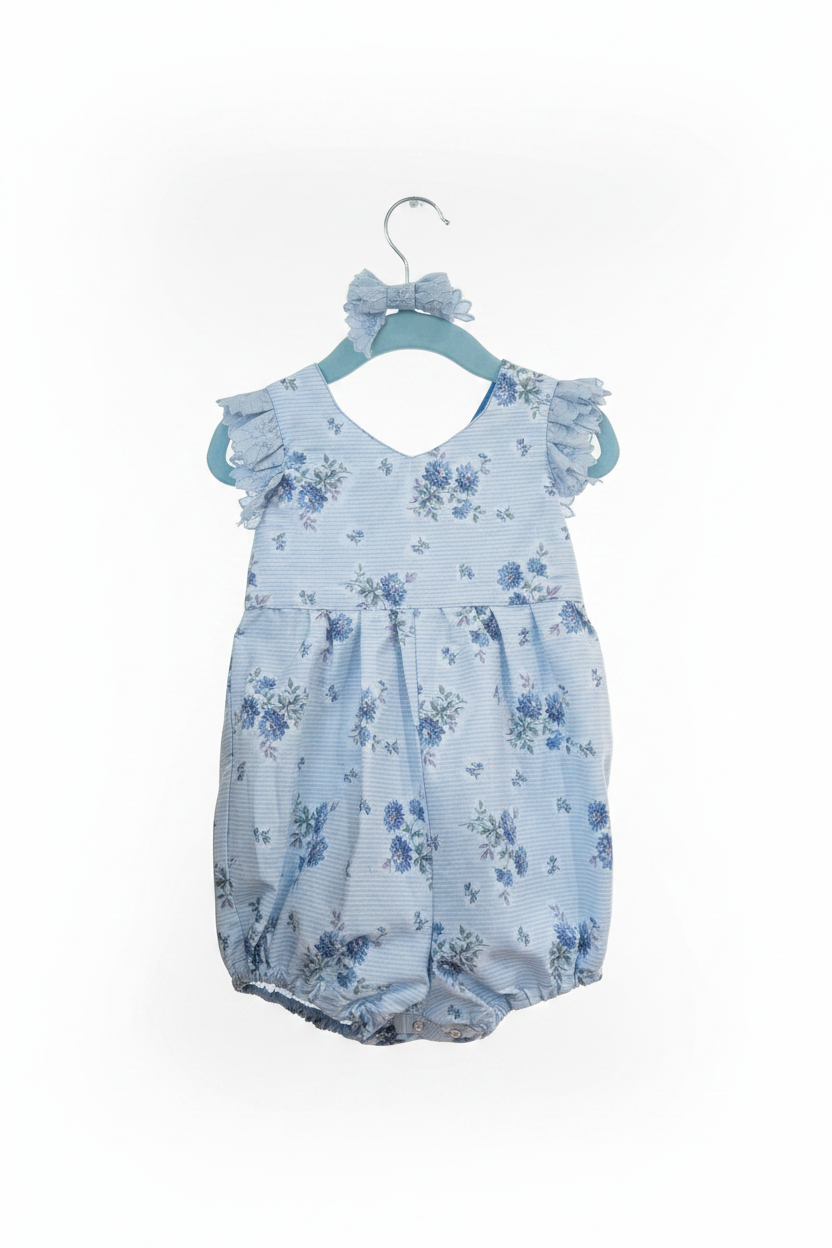 Blue Floral Baby Romper – Studio White Background
