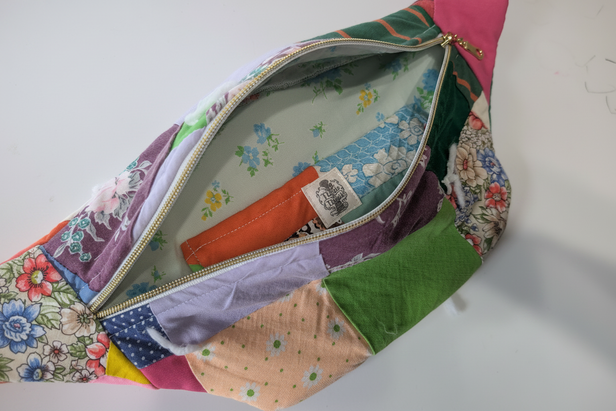 Colorful patchwork bag interior - bright white background