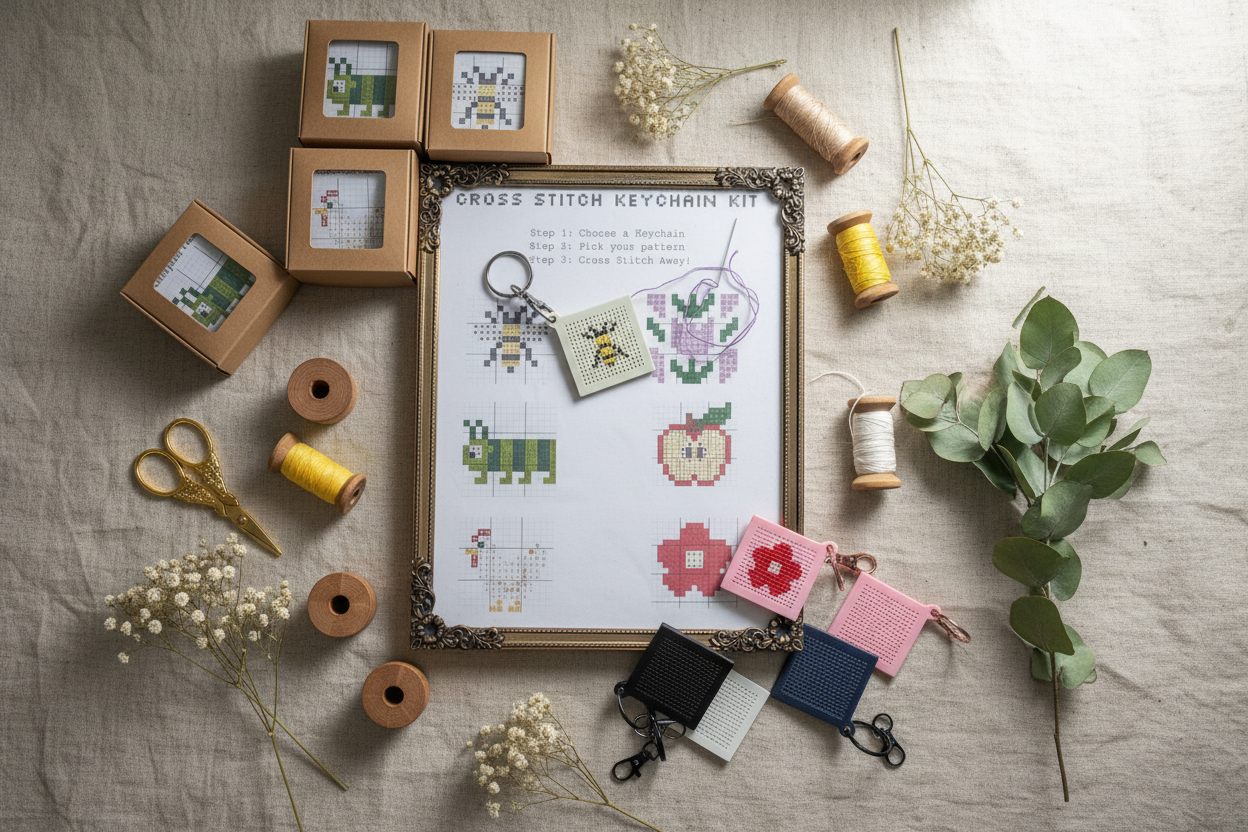 Cross Stitch Keychain Kit - Styled Flat Lay