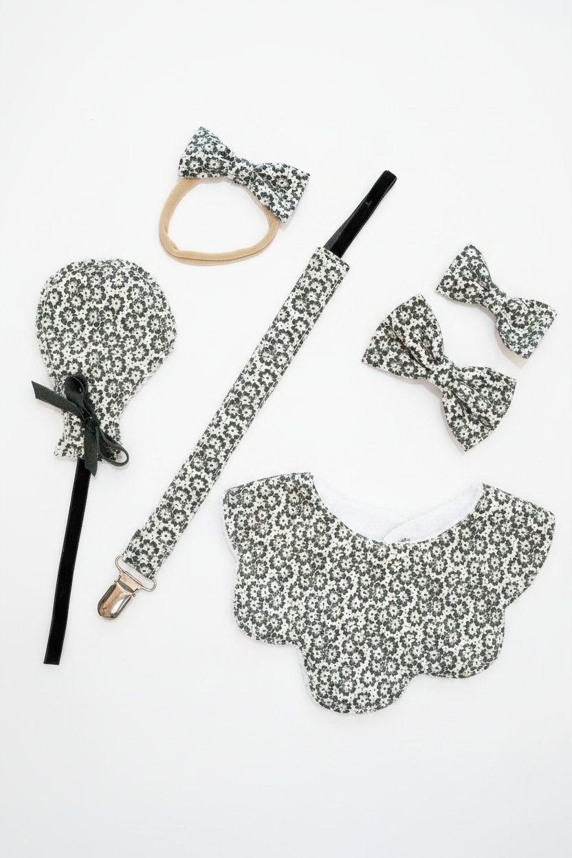 Dark Olive Ditsy Floral Baby Set Studio Shot