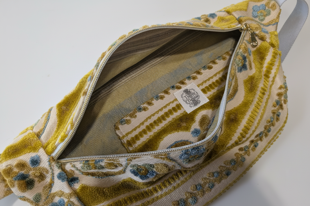 Gold embroidered bag interior - clean background