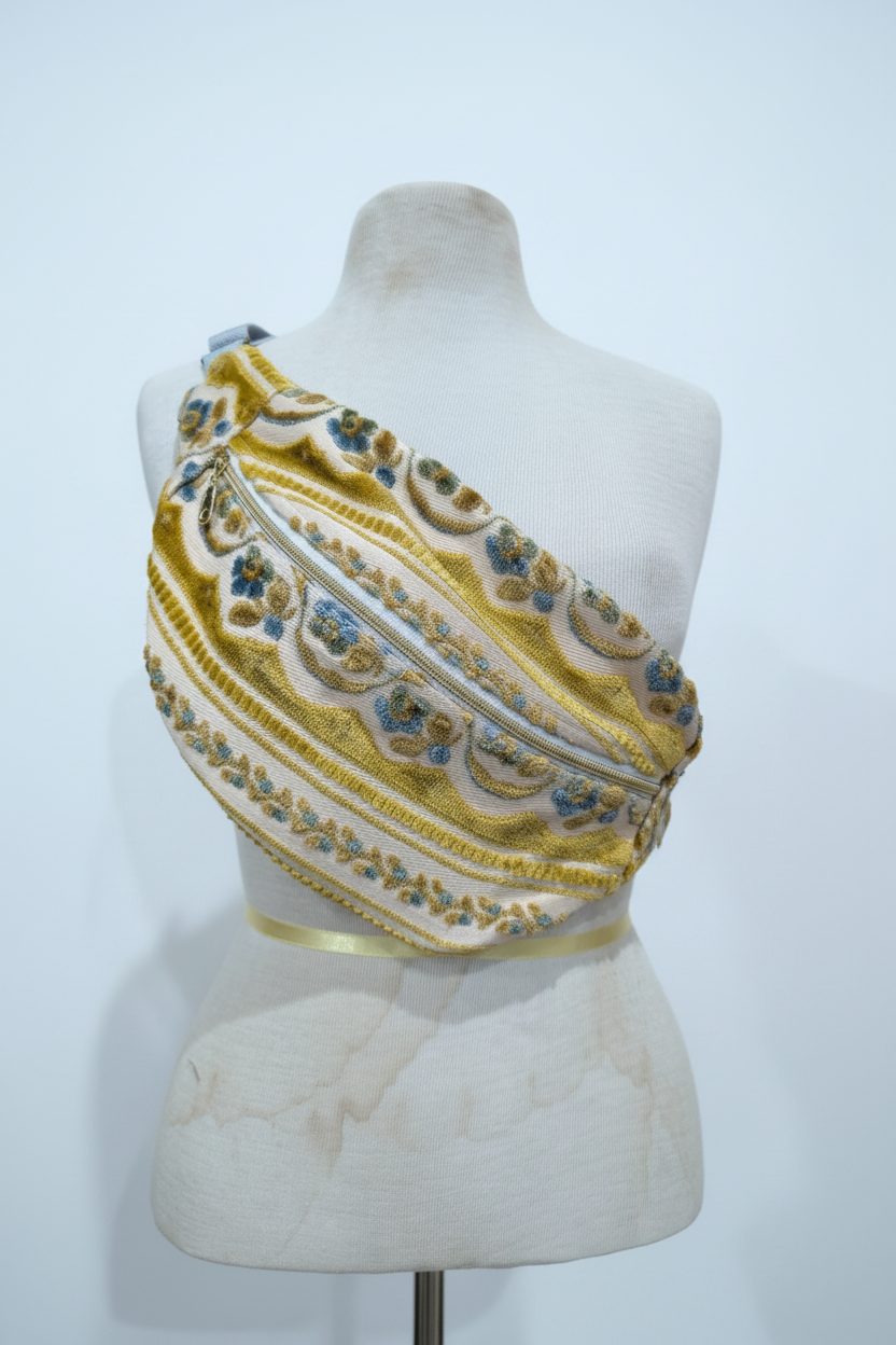 Gold embroidered crossbody on dress form - studio background