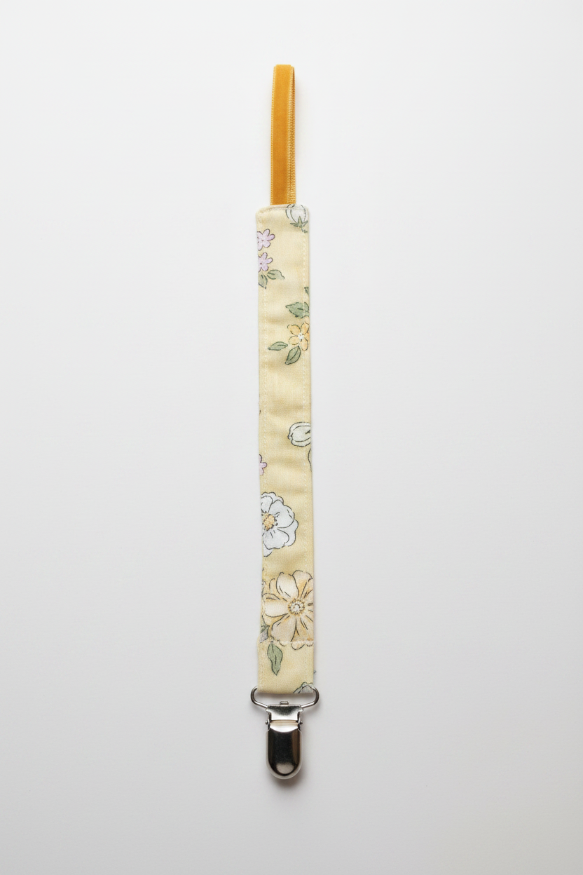 Golden Floral Pacifier Clip Flat Lay Studio Shot