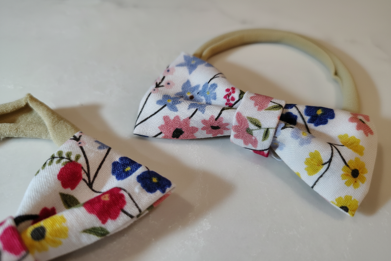 Close-up detail of two handmade colorful ditsy floral bow baby nylon headbands on white studio background