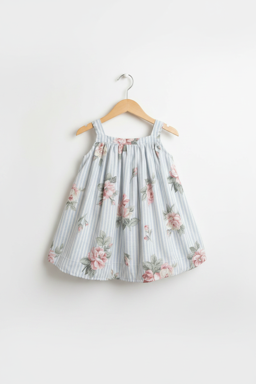 Handmade blue stripe pink rose floral toddler dress on white studio background