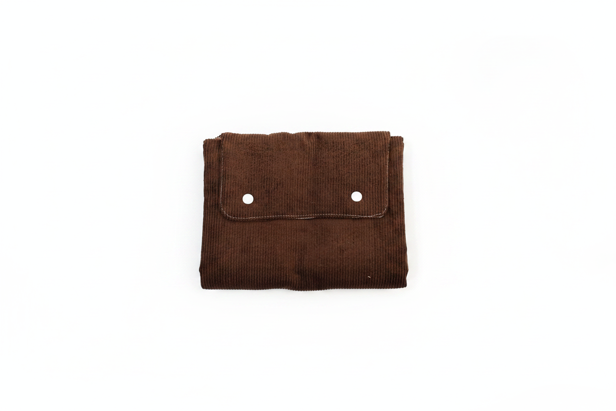 Handmade brown corduroy changing mat folded with two white snap buttons on white studio background
