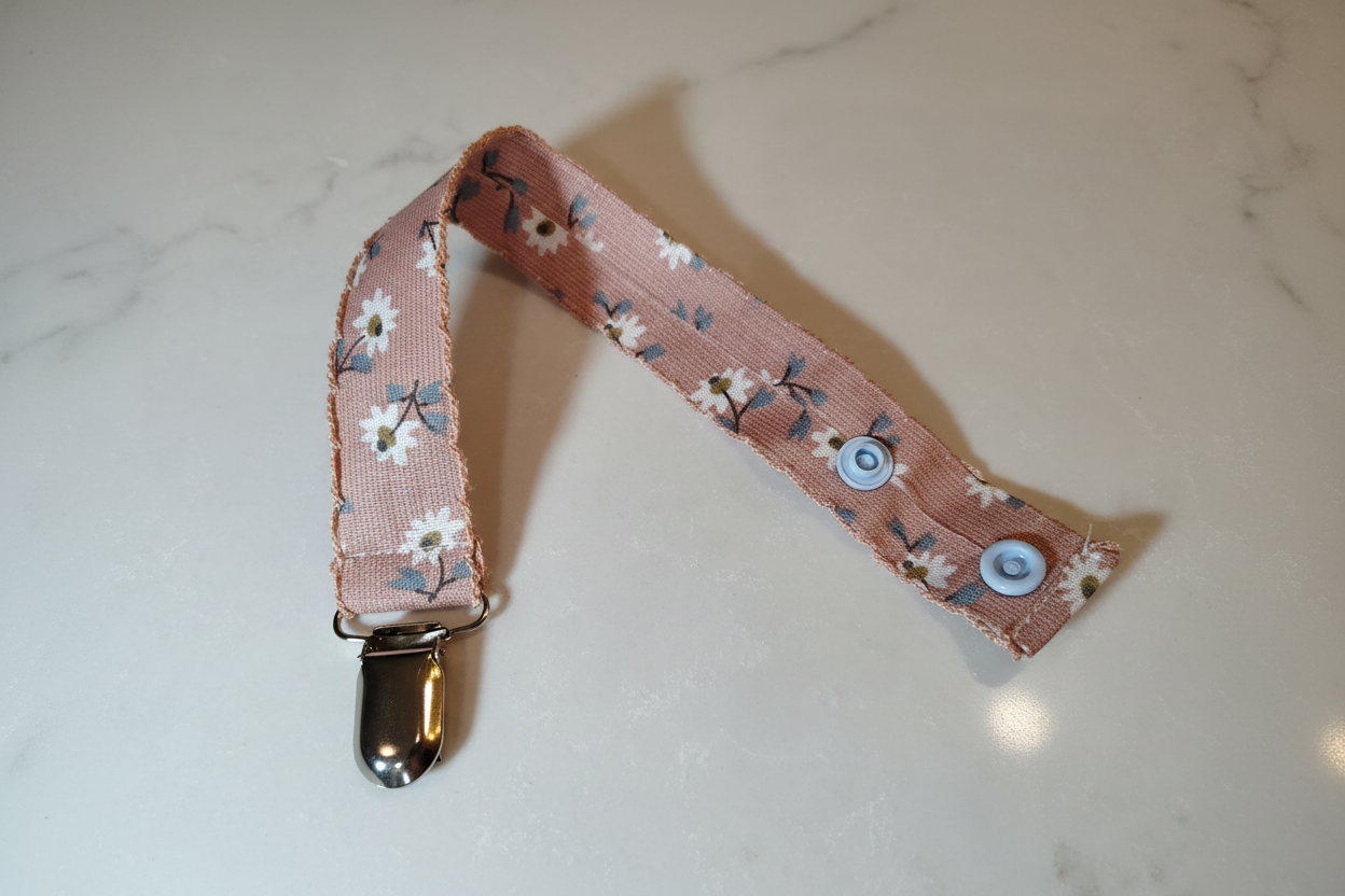 Handmade dusty rose daisy pacifier clip strap with two white snap buttons and silver metal clip on white studio background