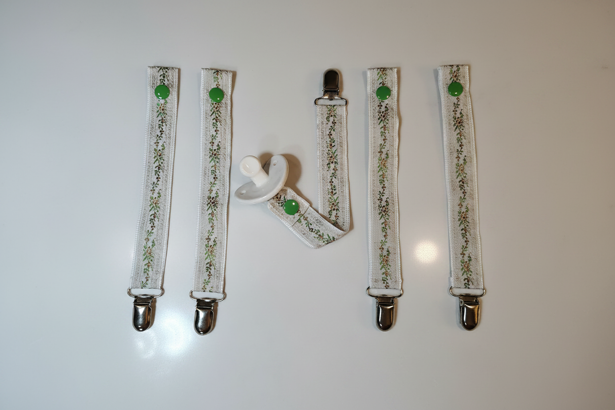 Collection of handmade cream botanical pacifier clips with green snap buttons and silver metal clips on white studio background