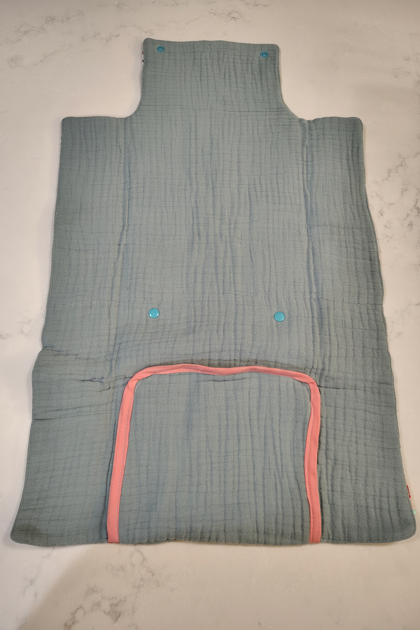 Handmade quilted Bright Summer baby changing mat fully open showing sage blue-grey muslin fabric with pink trim and teal snap buttons on white studio background