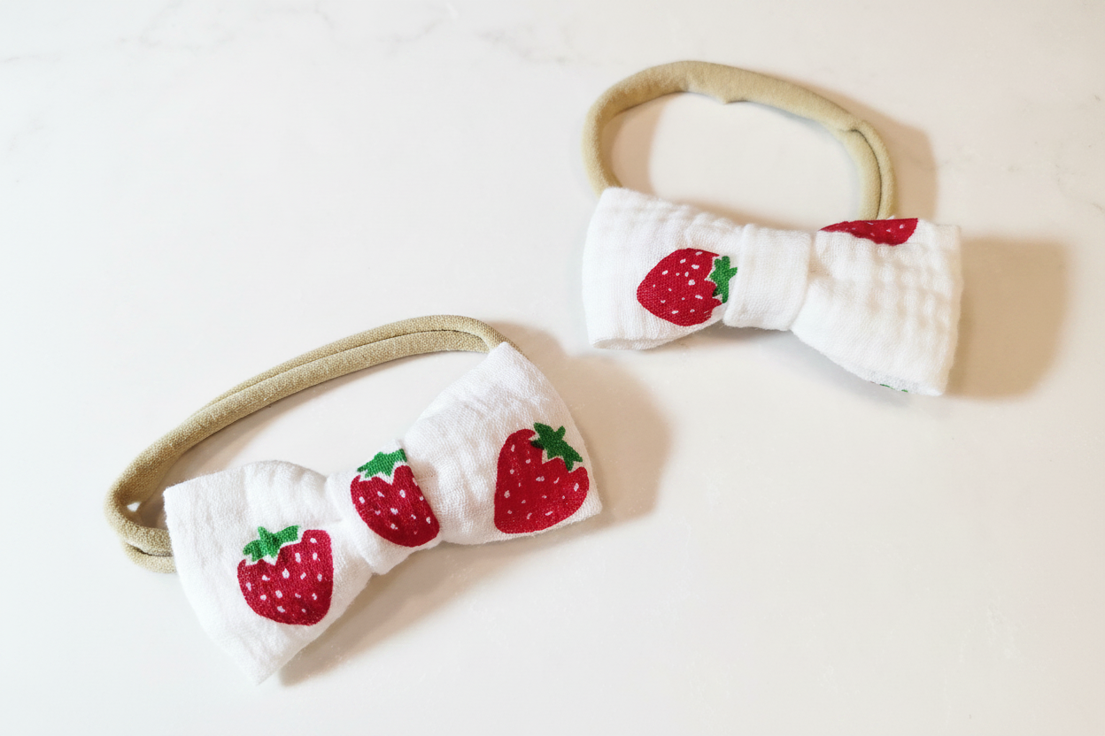 Two sizes of handmade white strawberry appliqué bow nylon headbands on white studio background
