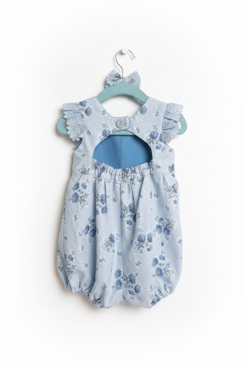 Back view of handmade light blue floral baby girl romper showing open back with button closure on white studio background
