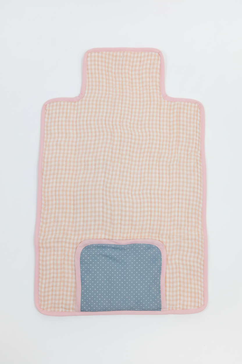 Handmade quilted baby changing mat open flat showing peach plaid fabric with pink trim and dusty blue polka dot pocket on white studio background