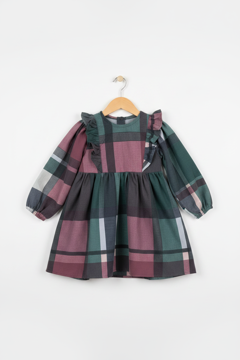 Handmade mauve plaid long sleeve toddler dress with ruffle shoulders on white studio background