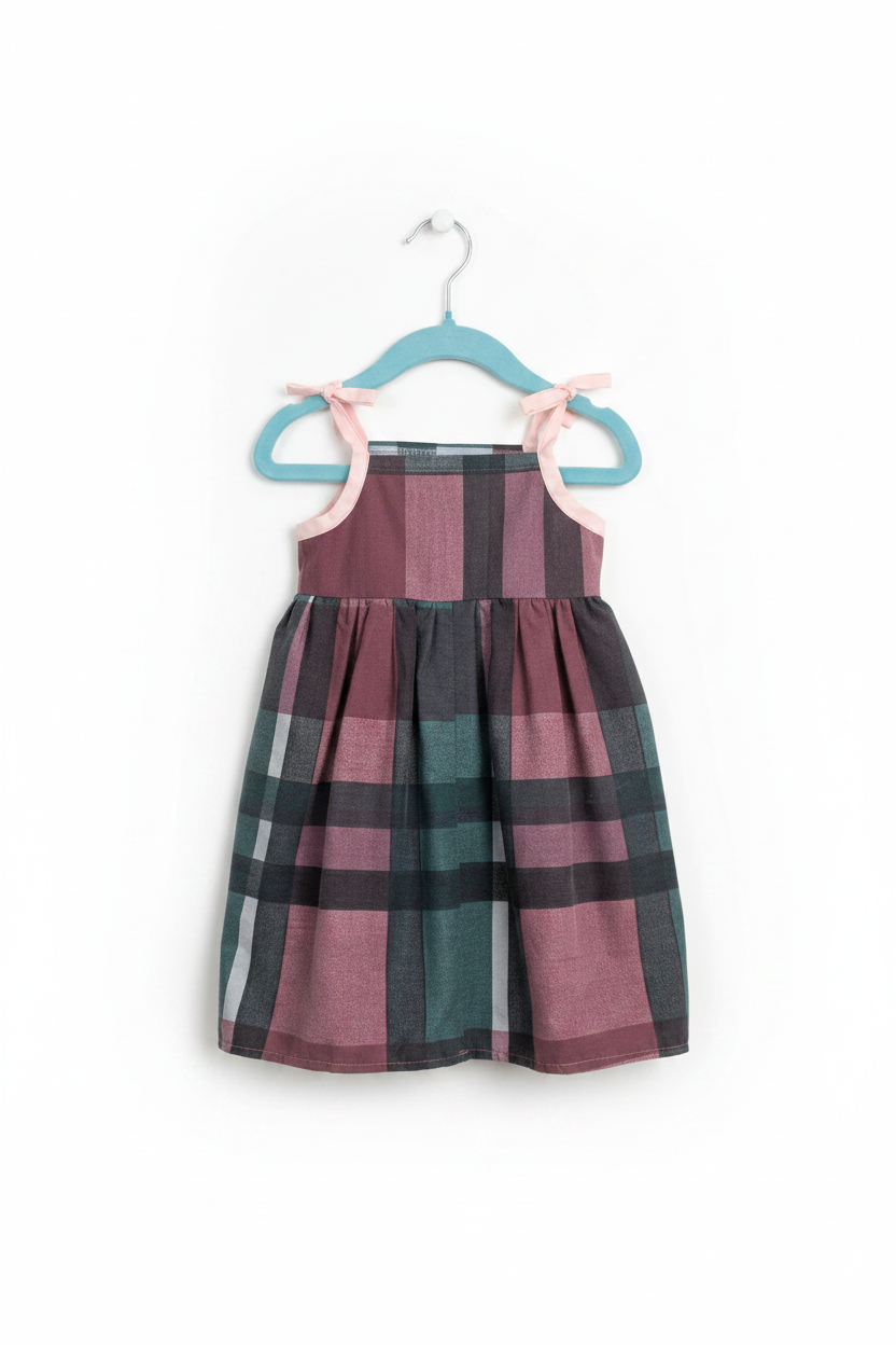 Handmade mauve plaid toddler dress with tie straps on white studio background