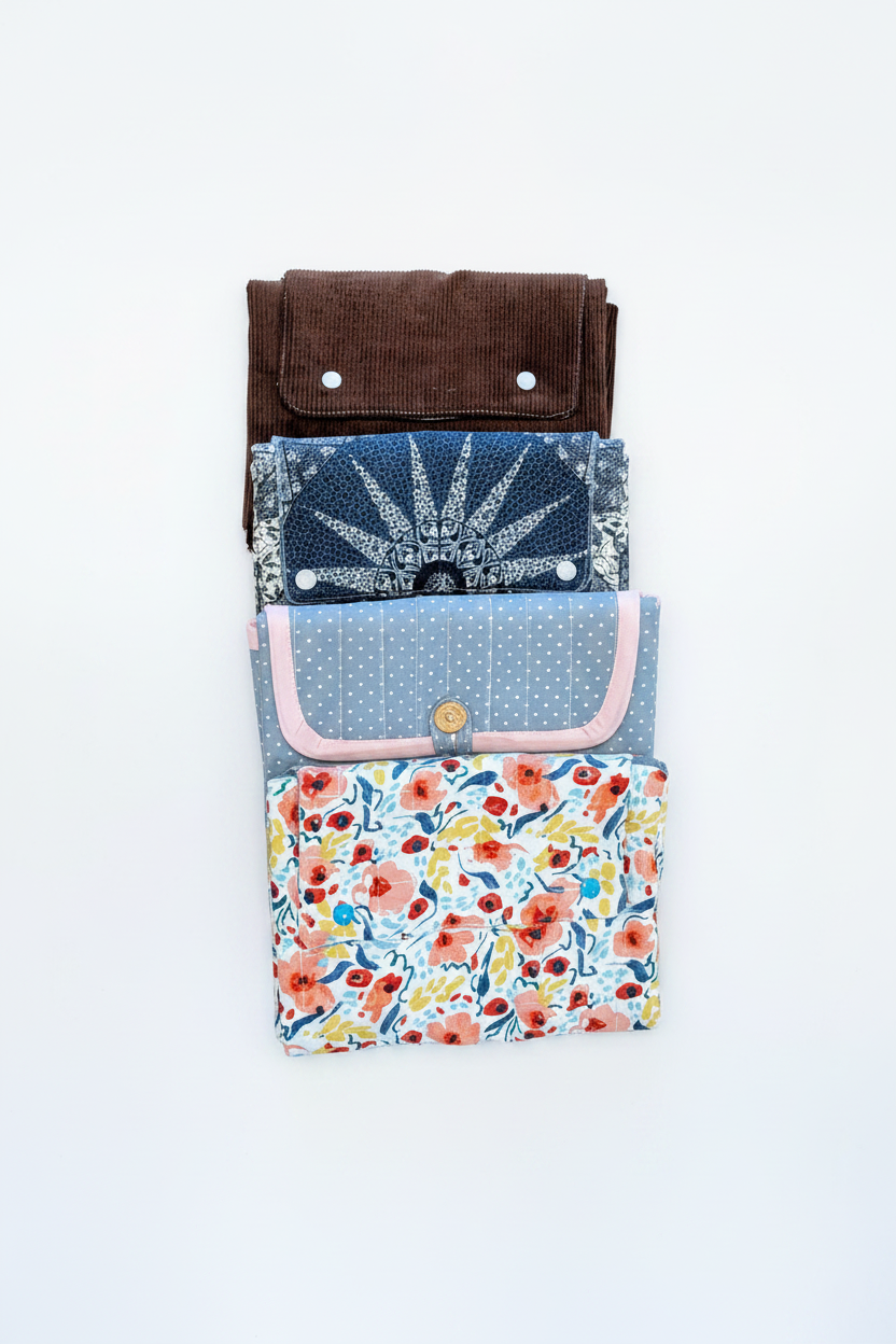 All four handmade quilted changing mat styles stacked together on white studio background - brown corduroy, navy sunburst, blue polka dot, and bright floral