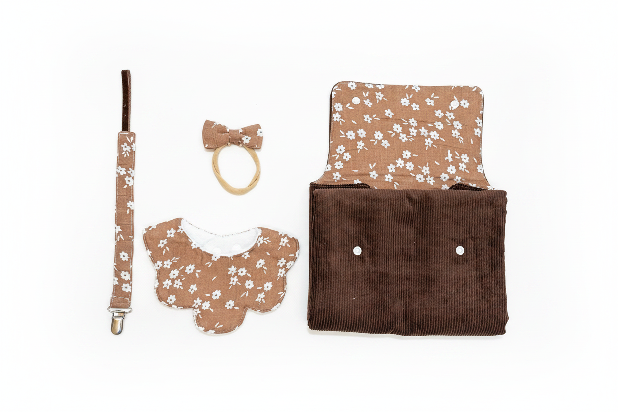 Handmade brown daisy baby gift set flat lay on white studio background