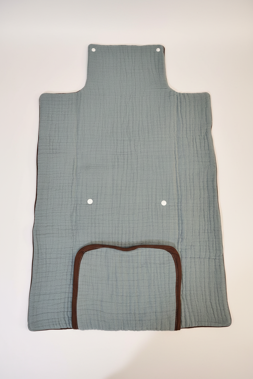 Handmade quilted Navy Sun baby changing mat fully open showing sage blue-grey muslin fabric with dark brown trim and gathered pocket on white studio background