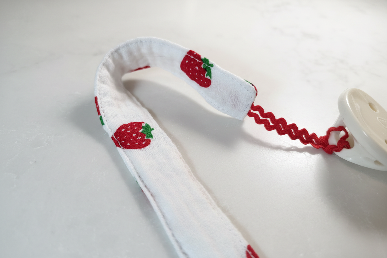 Close-up detail of handmade strawberry pacifier clip showing white fabric strap with red strawberry print and red ric-rac zigzag trim