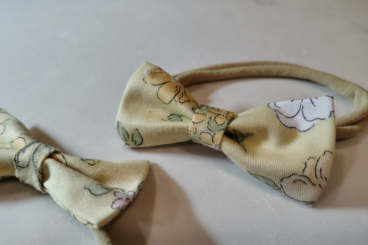 Close-up detail of handmade golden floral bow nylon headbands showing fabric texture on white studio background