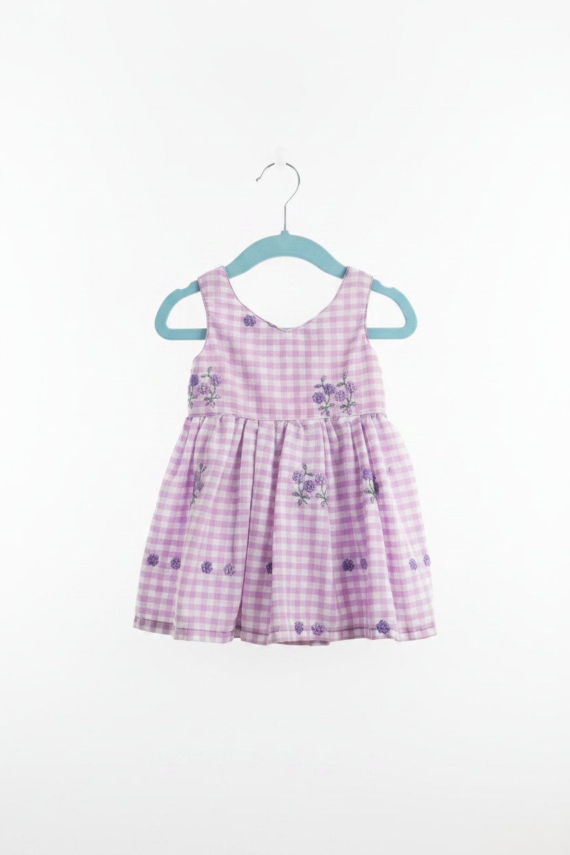 Lavender Gingham Embroidered Baby Dress – Studio White Background
