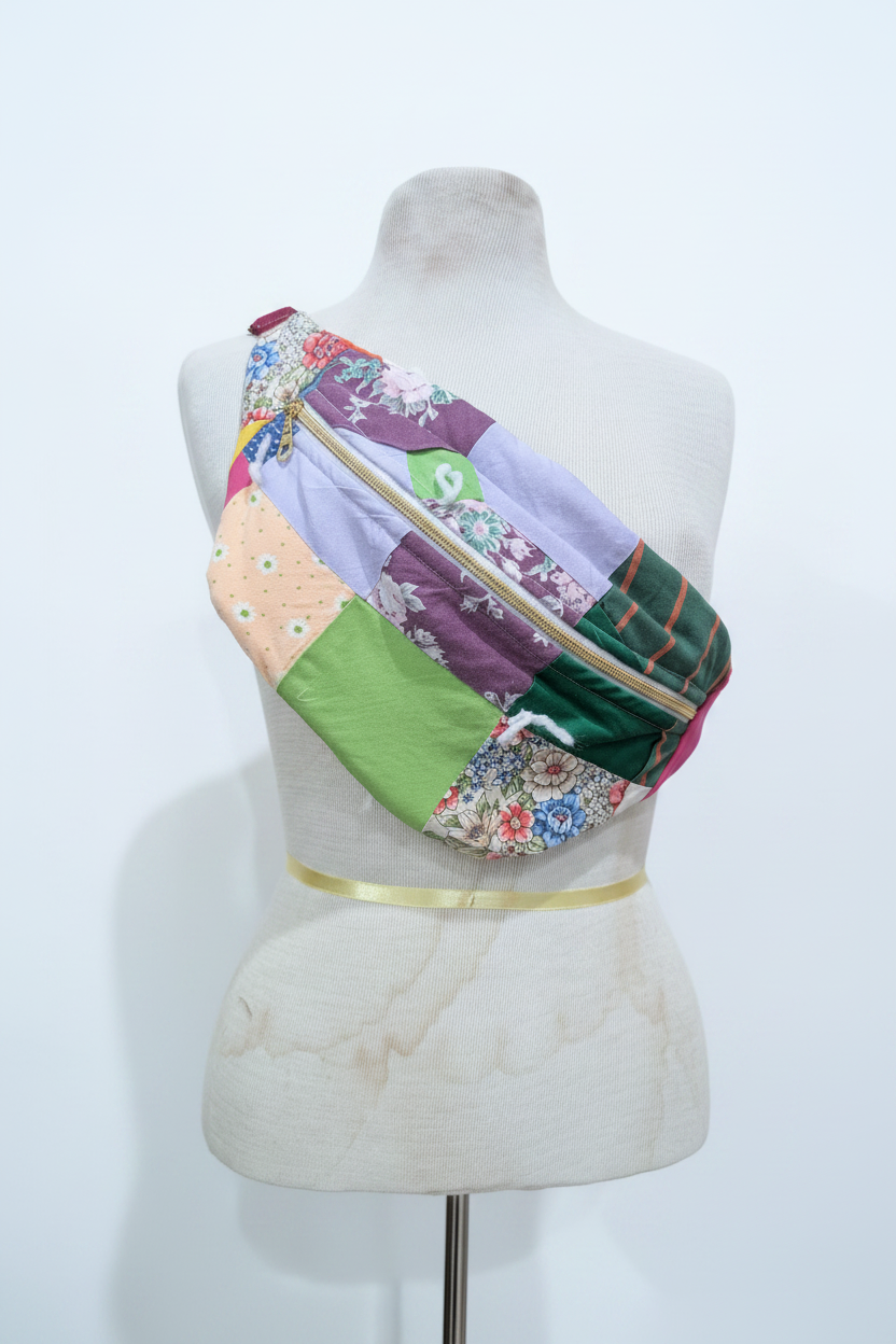 Patchwork crossbody on dress form - studio background