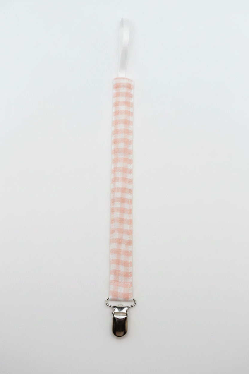 Pink Gingham Pacifier Clip Studio Shot