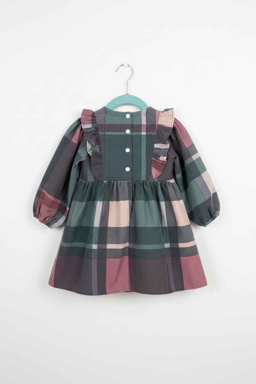 Plaid Long Sleeve Dress Back View – Studio White