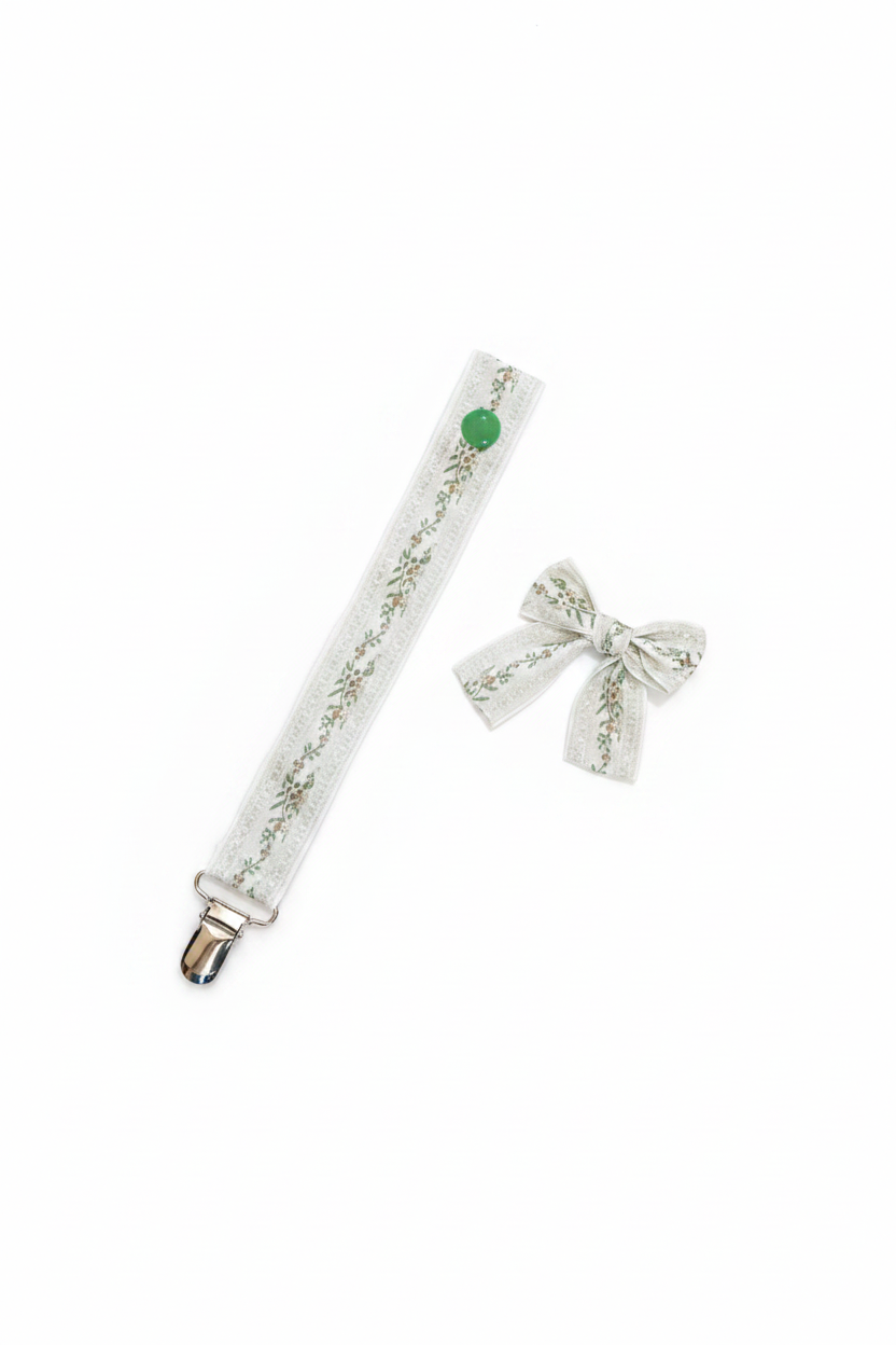 Sage Vine Pacifier Clip & Bow Matching Set Studio Shot