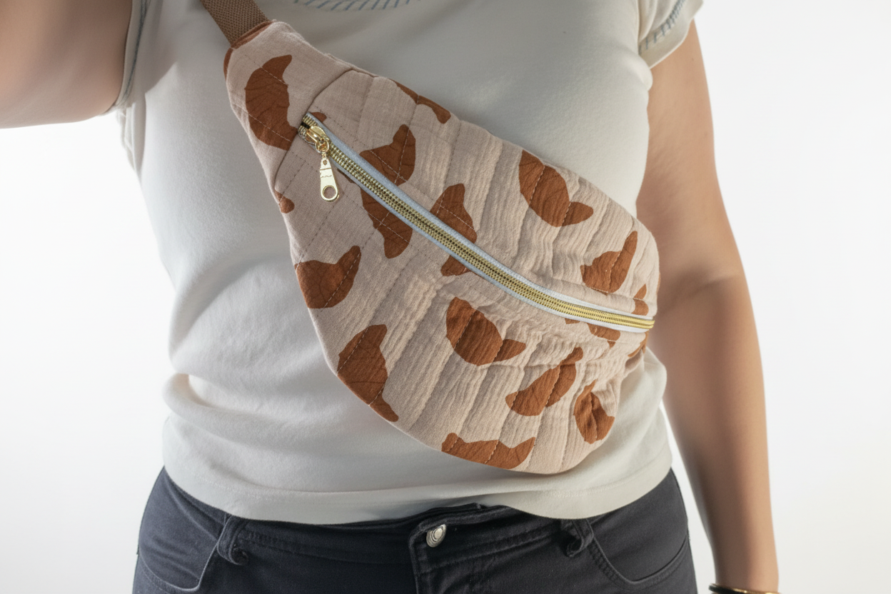 Torso with cow print belt bag - studio background